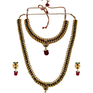                       MissMister Brass Gold Plated Brass Multi Color Stone Studded, Double Necklace Set Bridal Necklace Set for Women Traditional                                              