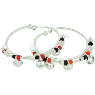                       MissMister Silver plated Brass Kids Nazariya, with black and red Beads, ghungroo of Adjustable size for new borns.                                              