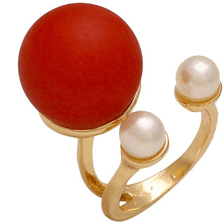                       MissMister Gold Finish Pearl And Red Ball Fashion Free Size Ring For Women And Girls                                              