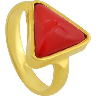                       MissMister Gold Finish Triangle Shaped Red Coral Designer Fashion Finger Ring For Men And Women                                              