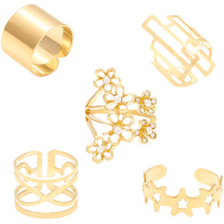                       MissMister Gold Finish C/Z Flower Design Five rings All Fingers Rings Combo Fashion Jewellery For Women                                              