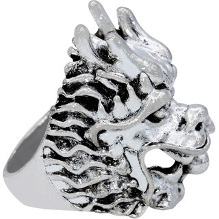                       MissMister Silver Finish stylish Latest fashion Brass Horn Tiger head with Ball in mouth design Finger Ring For Men                                              