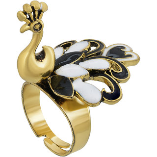                       MissMister Gold Plated Brass, Peacock Shape Design Filligree Work, White & Black, 3D, Latest Fashion Partywear Finger Ring for Women Girls                                              
