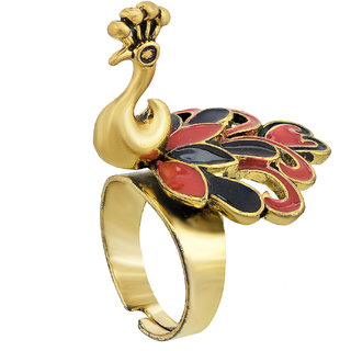                       MissMister Gold Plated Brass, Peacock Shape Design Filligree Work, Black and Red, 3D, Latest Fashion Partywear Finger Ring for Women Girls                                              