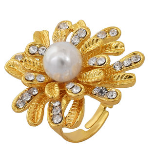                       MissMister Rose Gold Plated Brass, Flower Design, Pearl and CZ Studded, Adjustable Fashion Finger Ring for Women Girls                                              