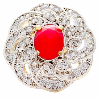                       MissMister Gold Finish Brass Cubic Zirconia And Ruby Red Studded Free Size Fashion Ring For Women And Girls                                              