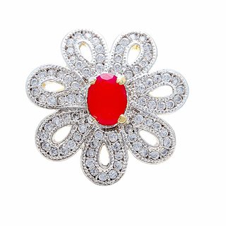                       MissMister Cubic Zirconia and Ruby Red Studded flower shape adjustable size ring for Women                                              