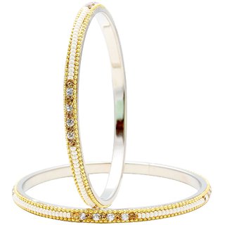                       MissMister White Pearl and Austrian Diamond Studded Pair of Bangles in Brass for Women                                              