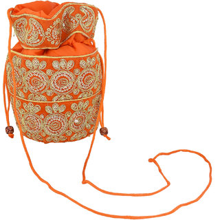                       Miss Mister Silky Satin, Orange (Kesariya) Handmade Zari Work Ethnic Potli Handbag Women Ladies                                              