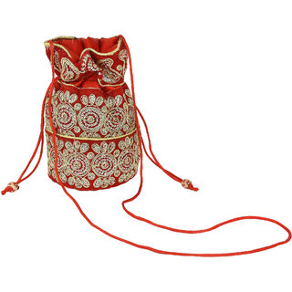                       Silky Satin, Traditional Red,Handmade Zari Work Ethnic Potli Handbag Women Ladies                                              