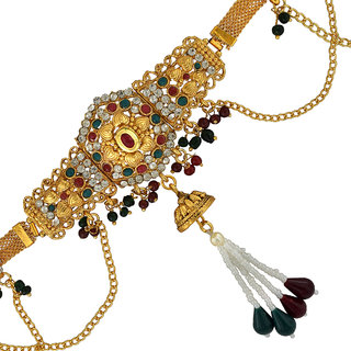                       MissMister Gold Plated Brass Floral Design Jhalar Pattern with Multicolor CZ Pearl Studded,Traditional, Waist Belt, Belly Chain, Kamar bandh Women                                              