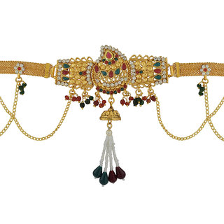                       MissMister Gold plated Brass Floral Design Meenakari Jhalar pattern with Pearl tassled CZ Studded,Ethnic Waist belt, Belly chain, kamar bandh for Women                                              