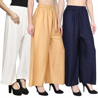                       Uner Women/Girls Casual Rayon Palazzo Plain Pants Pack of 3 (Black, White, skin)- Free Size                                              