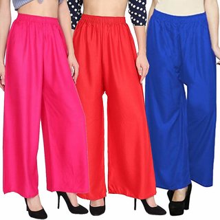                       Uner Women/Girls Casual Rayon Palazzo Plain Pants Pack of 3 (pink,red,Black)- Free Size                                              