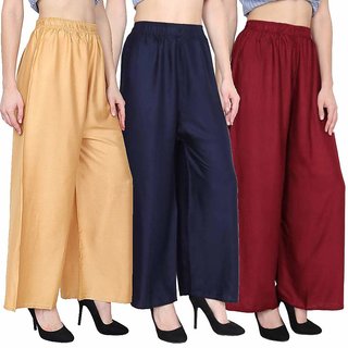                       Uner Women/Girls Casual Rayon Palazzo Plain Pants Pack of 3 (skin,blue and maroon)- Free Size                                              