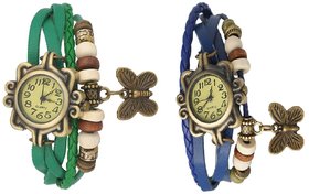Set of 2 Fancy Vintage Green  Blue Leather Bracelet Butterfly Watch for Girls  Women - Combo Offer