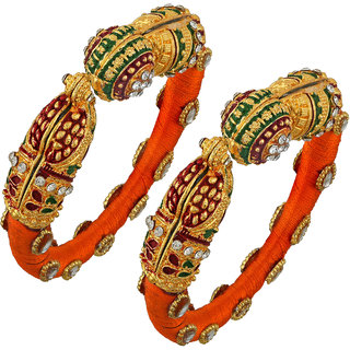                       Missmister Brass Orange Colour, Meenakari Kundan Cz Traditional Kada Set Bangle Ethnic Women (2 Kada)                                              