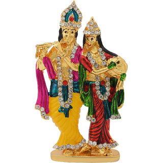                       Missmister Gold Plated Brass, Cubic Zircon, And Colourful Enamel, Radha Krishna Idol Stand Hindu God, Home Decor Stand                                              