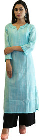 Fabclub Women'S Cambric Cotton Printed Pleated Sleeves  Neck Pattern Straight Designer Kurti (Sky Blue)