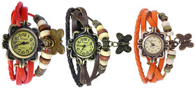 Pack Of Three Red, Brown And Orange Color Vintage Style Fancy Watch For Girls, Women