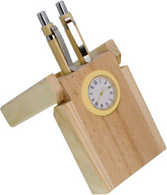 Pen Holder Stand Cum Clock Desk Table Clock Wood Wooden Color Portable Size 1 Pieces Without Alarm - 113