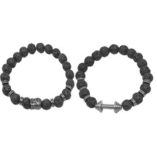                       Shiv Jagdamba Dumbbelll And Buddha Head Charm Lava Beads Bracelet (Pack 2)                                              