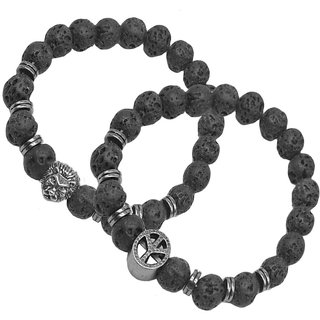                       Shiv Jagdamba Lion Head And Peace Sign Charm Lava Beads Bracelet (Pack 2)                                              