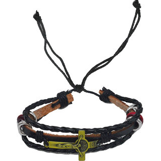                       Shiv Jagdamba Jesus Cross Charm Best Quality Handmade Braided Leather Adjustable Lace Up Clasp Bracelet                                              