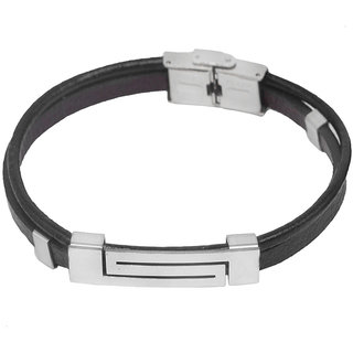                       Shiv Jagdamba Men Wristband Charm Stylish Biker Black Silver Stainless Steel Leather Bracelet                                              