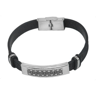                       Shiv Jagdamba Men Wristband Charm Biker Stylish Black Silver Stainless Steel Leather Bracelet                                              