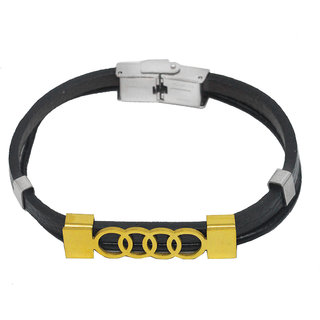                       Shiv Jagdamba Men Wristband Charm Geometric Spiral Circle Gold Black Stainless Steel Leather Bracelet                                              