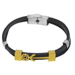 Shiv Jagdamba Men Wristband Charm Arrow Wheel Gold Black Silver Stainless Steel Leather Bracelet
