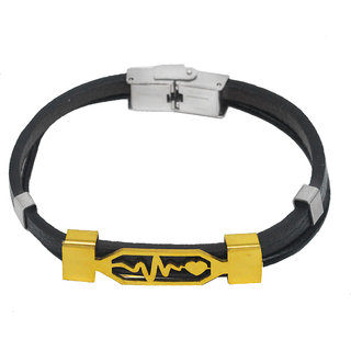                       Shiv Jagdamba Men Wristband Charm Heart Life Line Beat Gold Black Stainless Steel Leather Bracelet                                              