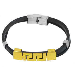                       Shiv Jagdamba Men Wristband Charm Biker Stylish Gold Black Stainless Steel Leather Bracelet                                              