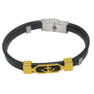                       Shiv Jagdamba Men Wristband Charm Biker Stylish Gold Black Stainless Steel Leather Bracelet                                              