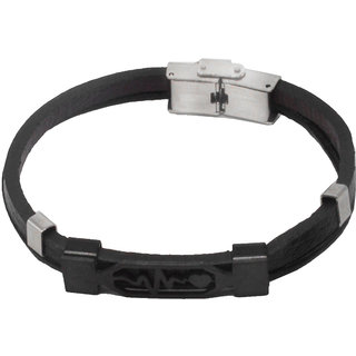                       Shiv Jagdamba Men Wristband Charm Heart Life Line Beat Black Silver Stainless Steel Leather Bracelet                                              