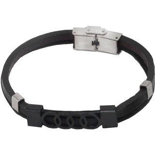                       Shiv Jagdamba Men Wristband Charm Circle Black Silver Stainless Steel Leather Bracelet                                              