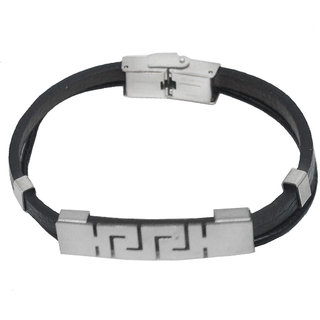                       Shiv Jagdamba Men Wristband Charm Biker Stylish Black Silver Stainless Steel Leather Bracelet                                              