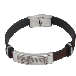                       Shiv Jagdamba Men Wristband Charm Biker Stylish Brown Silver Stainless Steel Leather Bracelet                                              