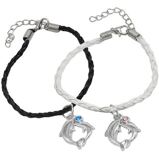                       Shiv Jagdamba Best Friend Dolphin Fish Couple Handmade Loves Black White Silver Zinc Leather Bracelet                                              