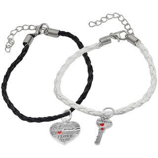                       Shiv Jagdamba Best Friend Lock Key Couple Handmade Loves Black White Silver Zinc Leather Bracelet                                              