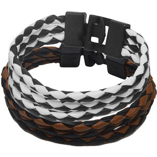                       Shiv Jagdamba Fashion High Quality Cool Genuine Braided Rope White Brown Leather Bracelet (Pack 2)                                              