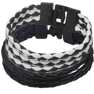                       Shiv Jagdamba Fashion High Quality Cool Genuine Braided Rope White Black Leather Bracelet (Pack 2)                                              