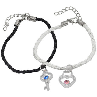                       Shiv Jagdamba Best Friend Crystal Heart Lock Key Couple Handmade Loves White Black Zinc Leather Bracelet                                              