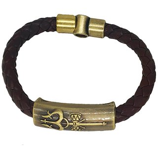                       Shiv Jagdamba Shiva Trishula Damaru Charm Id Brown Gold Leather Stainless Steel Bracelet                                              