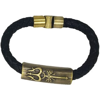                       Shiv Jagdamba Shiva Trishula Damaru Charm Id Black Gold Leather Stainless Steel Bracelet                                              