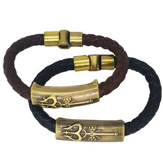                       Shiv Jagdamba Shiva Trishula Damaru Charm Id Black Brown Gold Leather Stainless Steel Combo Bracelet                                              