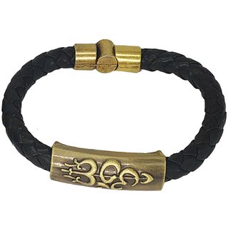                       Shiv Jagdamba Om Shiva Trishula Damaru Charm Id Black Gold Leather Stainless Steel Bracelet                                              