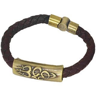                       Shiv Jagdamba Om Shiva Trishula Damaru Charm Id Brown Gold Leather Stainless Steel Bracelet                                              