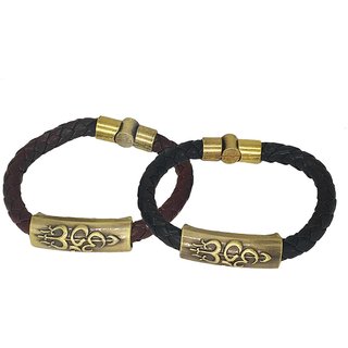                       Shiv Jagdamba Om Shiva Trishula Damaru Charm Id Black Brown Gold Leather Stainless Steel Combo Bracelet                                              